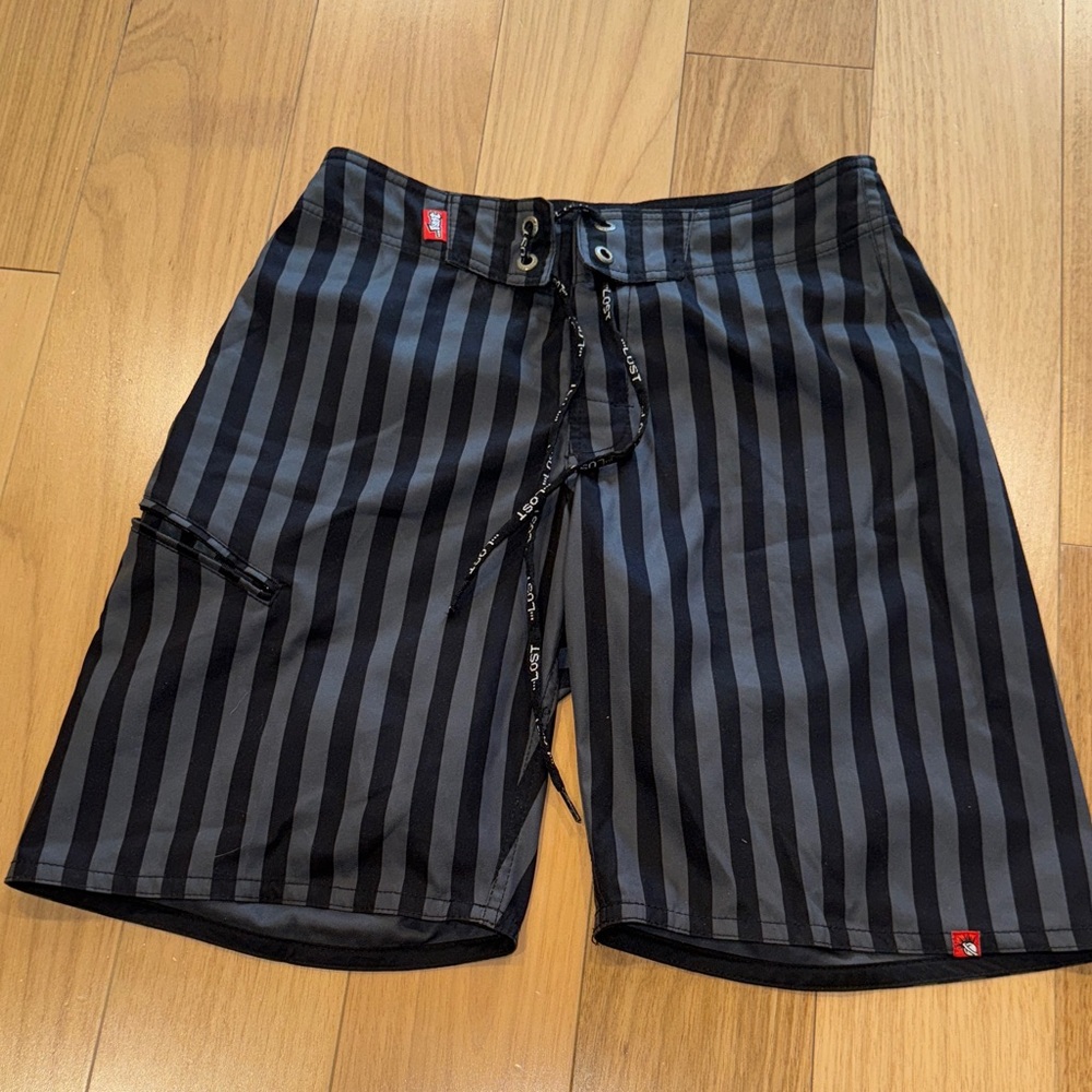Striped Black & Charcoal Board Shorts - Men's Swim Trunks